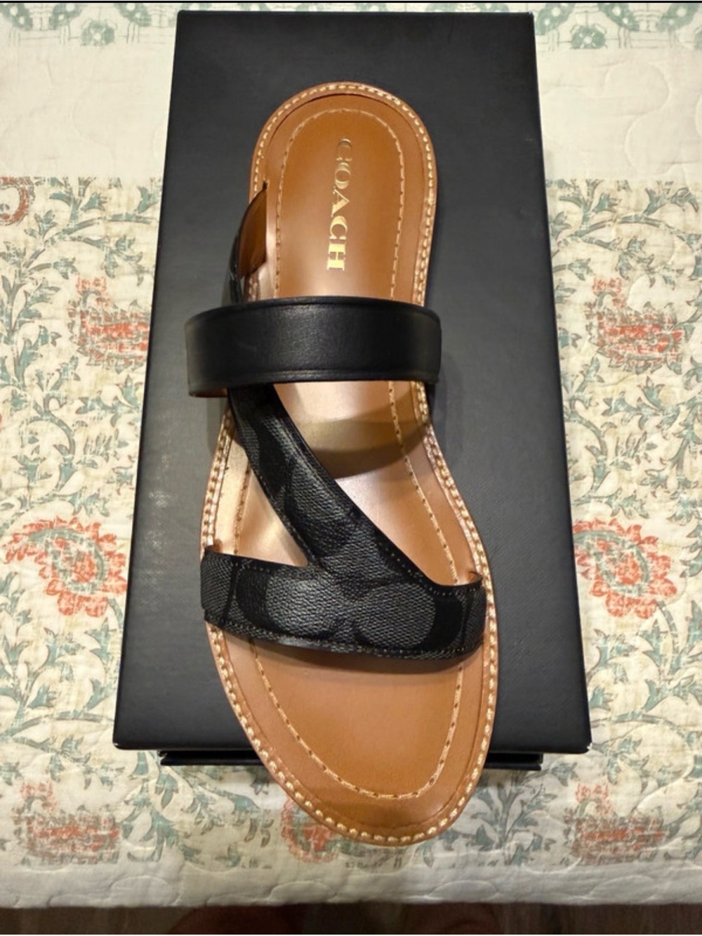 COACH Black Leather and Signature Monogram Slide Sandal